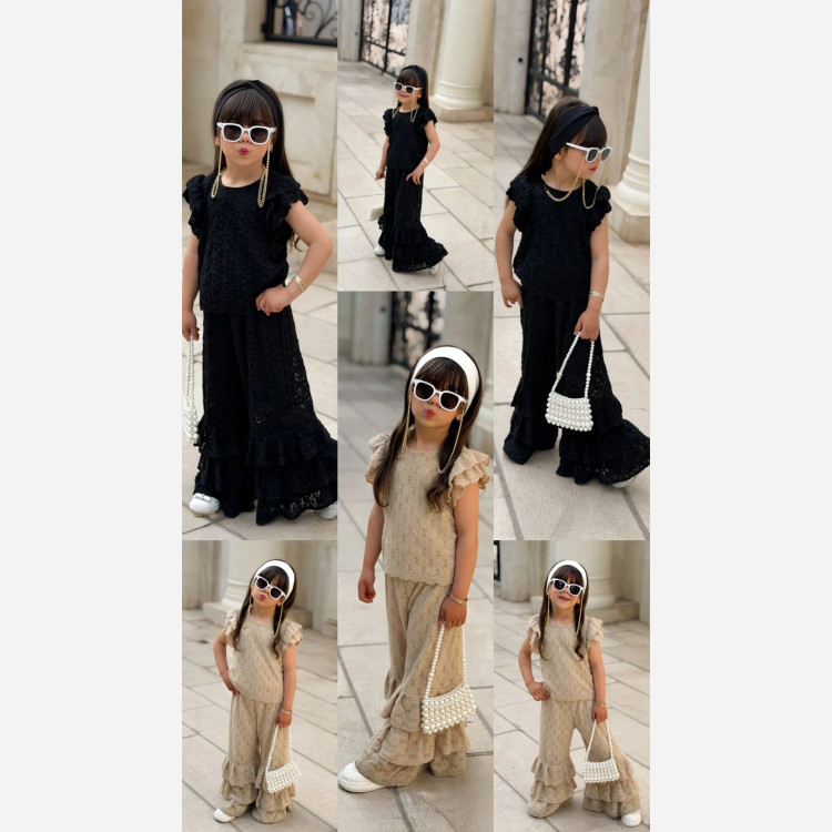 ست تاپ و شلوار دخترانه دانتل مجلسی ترک نرم مناسب 3 تا 10 سال