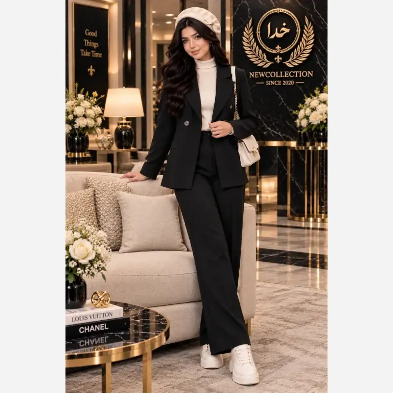 کت و شلوار زنانه پاییزه کتان کشی نیلا رنگ مشکی فری سایز