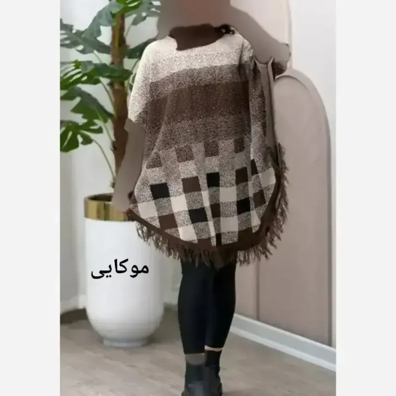 پانچ بافت طرح برفی زنانه آستین کشبافت فری سایز پاییزه و زمستانه