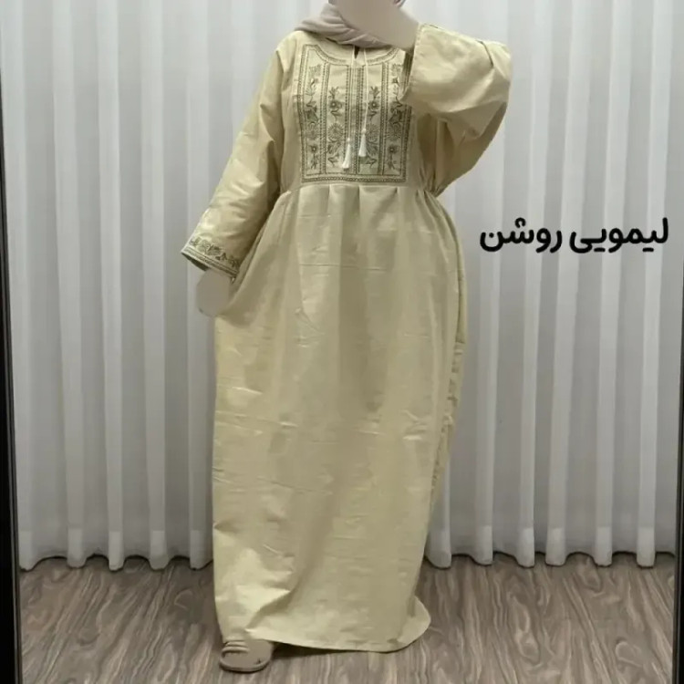 پیراهن لینن گلدوزی مایا کد 1745 فری سایز زنانه چهارفصل تنخور شیک و راحت بدون سایه اندازی و بدن نما