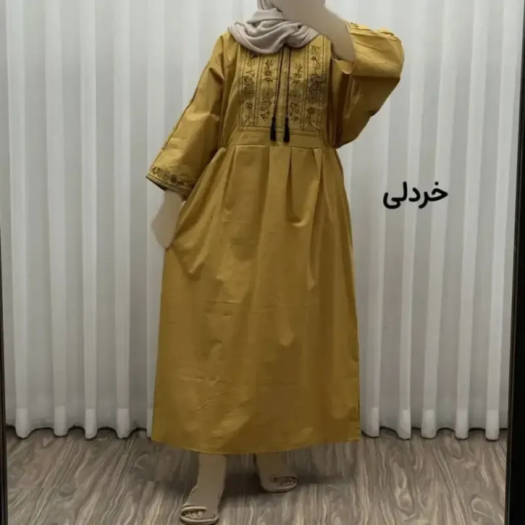 پیراهن لینن گلدوزی مایا کد 1745 فری سایز زنانه چهارفصل تنخور شیک و راحت بدون سایه اندازی و بدن نما