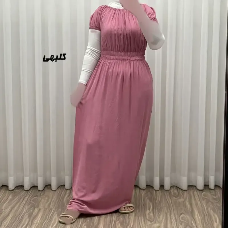 پیراهن ساحلی نخی زنانه و دخترانه آستین کوتاه فری سایز مدل باربی