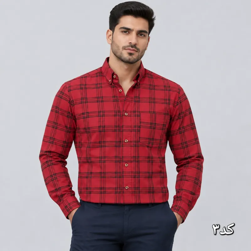 پیراهن چهارخانه مردانه آستین بلند قواره آزاد جنس تترون سایز L تا 2XL